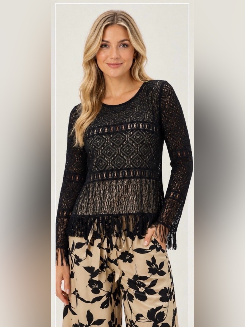 Mix It Black Lace Fringe Boho Blouse Long Sleeve Sheer Overlay Lined Top Size L - Picture 1 of 11
